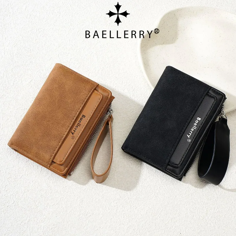 Baellerry Simple Women's Short Wallet Zippered Coin Pocket and Multiple Card Slots Made of Frosted Pu Leather with Wrist Strap