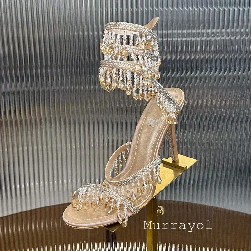 Sandals Women Ankle Snake Shaped Strap Entanglement Banquet Dress Shoes Summer Tassels Rhinestone Decor Thin High Heel Sandalias image 4