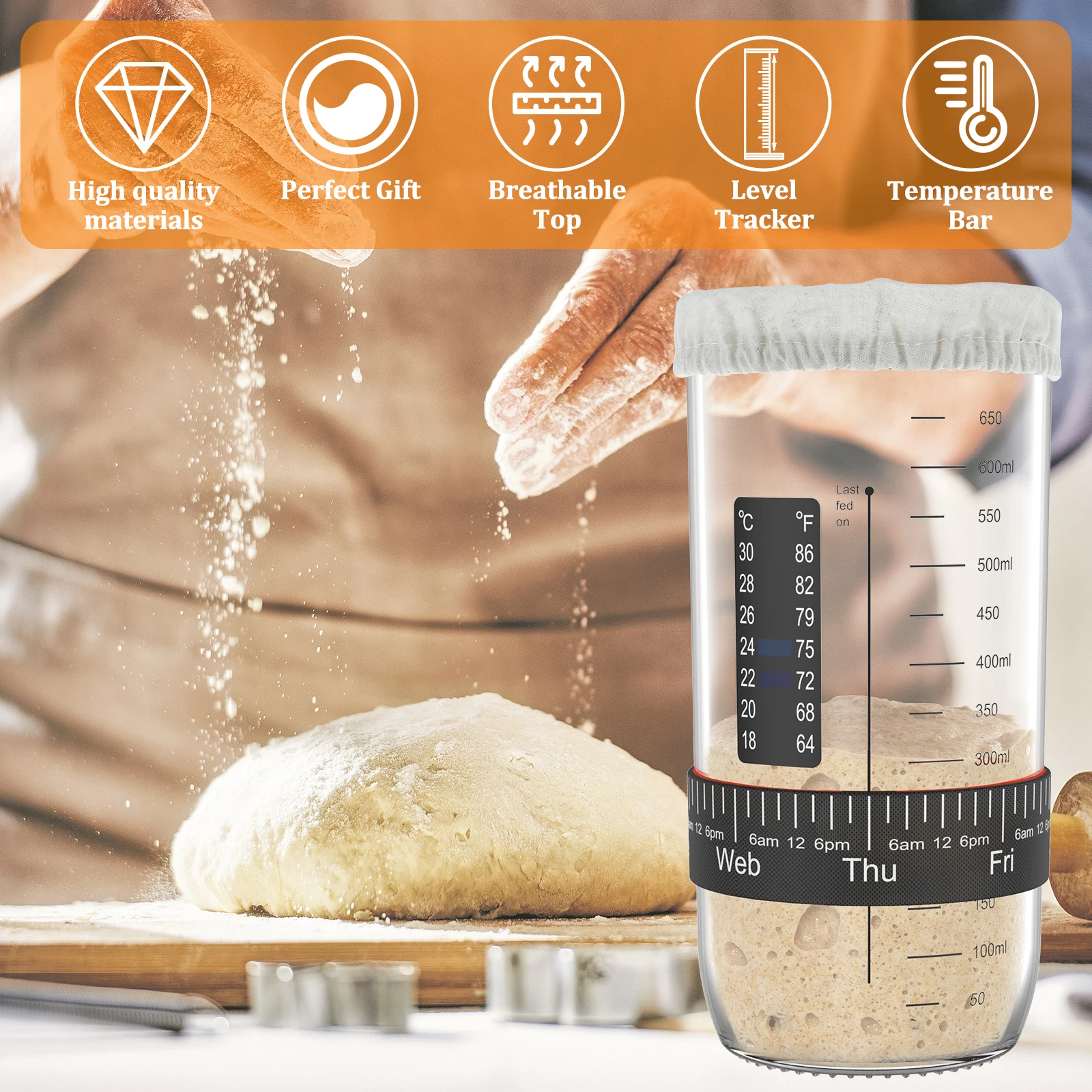 Sourdough Starter Acessórios Kit, Capa de pano, Data Marked Feeding Band, Temperatura Paper Jar, Novo, 6pcs