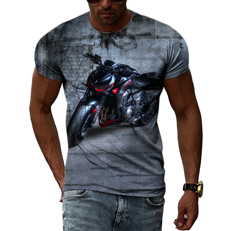 Camiseta con estampado de motocicleta para hombre, camisa informal de manga corta con cuello redondo y personalidad, de gran tamaño, a la moda,