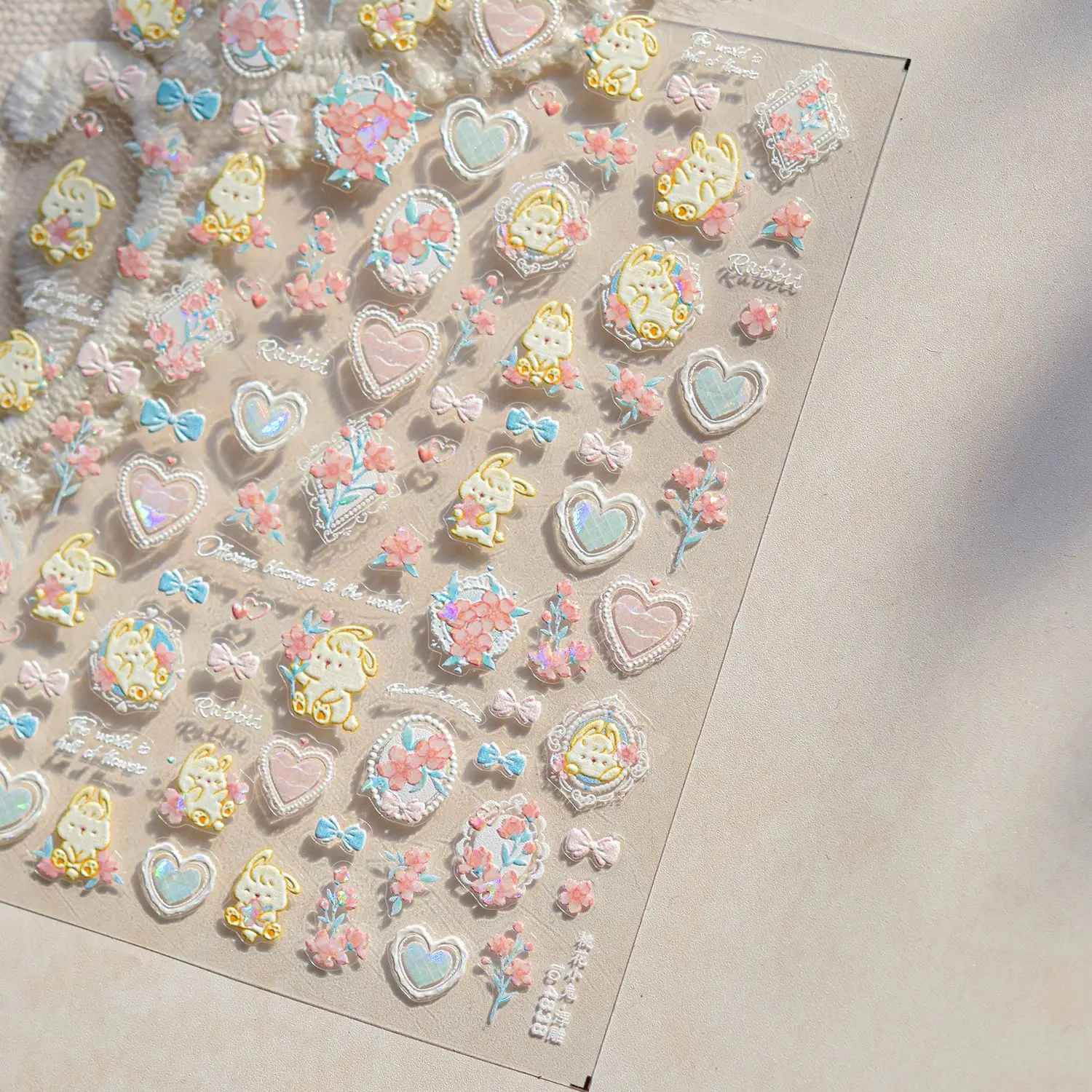 5D Cute Rabbit Love Heart Peach Blossom Flower Yellow Nail Art Stickers Bowknot DIY Self Adhesive Rhinestone Manicure Decals