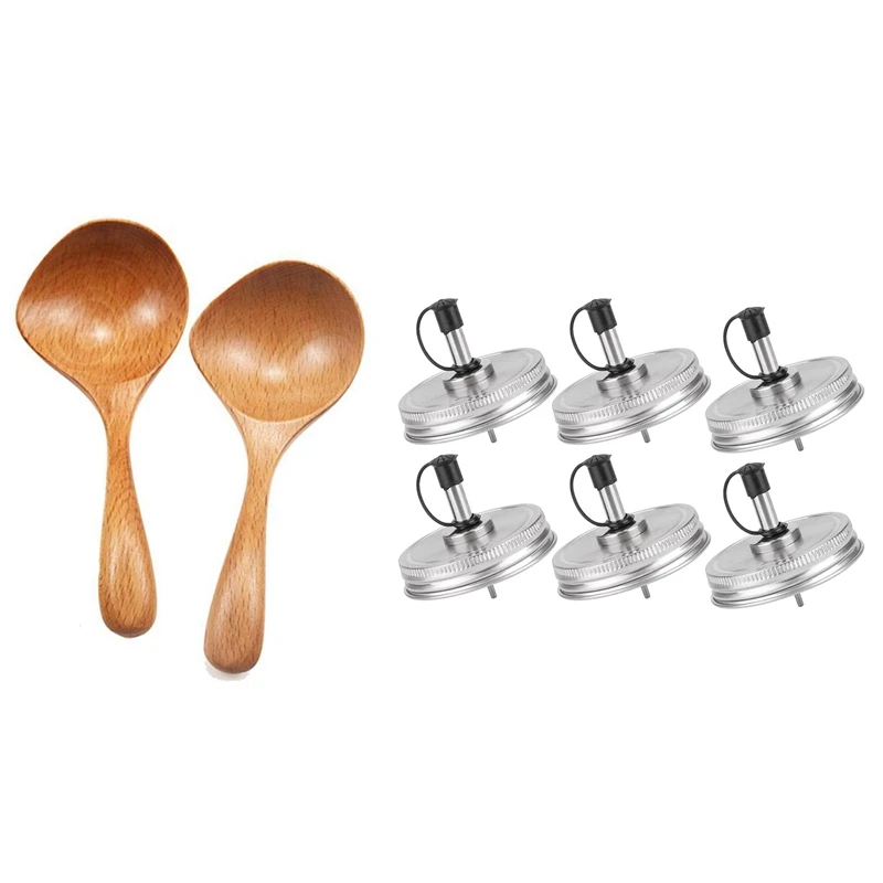 6PCS Stainless Steel 70Mm Regular Mouth Mason Jar Pour Spout Lids With 2PCS Wooden Soup Ladle Long Handle Large Spoon