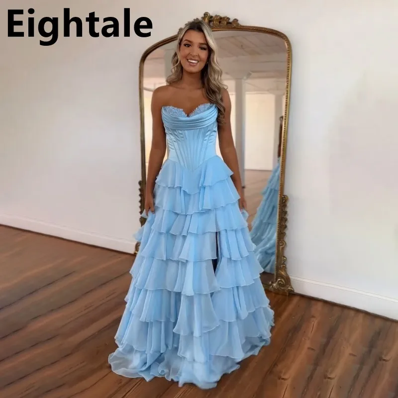 

Eightale Customized Sky Blue Corset Chiffon Tiered Ruffles A Line Slit Evening Dress Celebrity Formal Party Gown Prom Dress