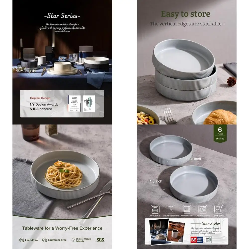 

Набор из 6 больших мисок для макарон 8,25, светло-серых тарелок для обеденного салата, неглубоких мисок для сервировки