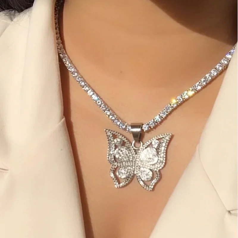 Iced Out Bling 5A Cubic Zirconia CZ Tennis Chain Butterfly Pendant Necklace 16