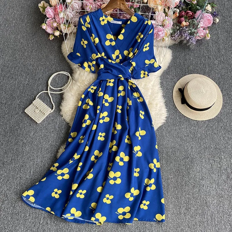 YuooMuoo Chic Fashion Flower Print Women Dress 2024 New Summer Bandage Slim Waist A-line Long Dress Bohemian Female Robe Femme