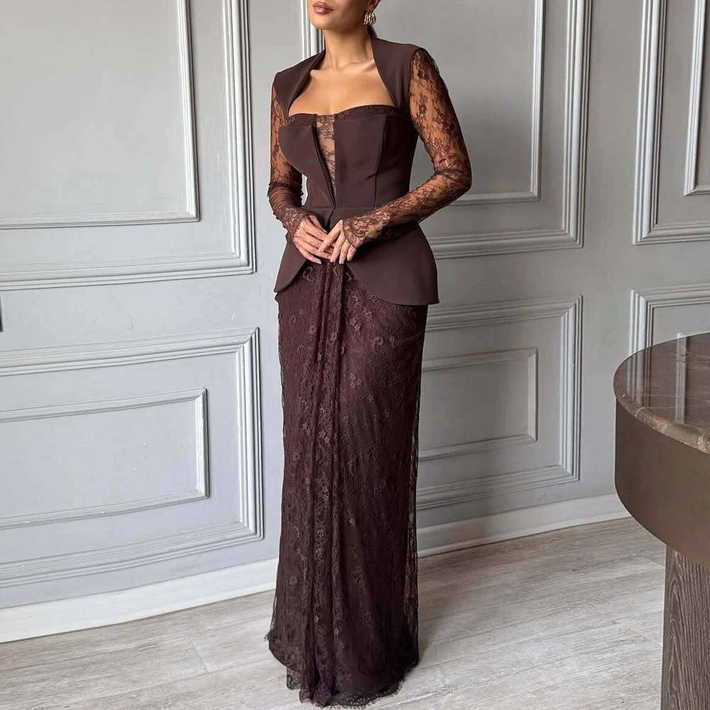 Customized Patchwork Evening Dress with Long Sleeve Square Neck Lace Soft Dresses for Women Peplum Dress for Wedding Guest