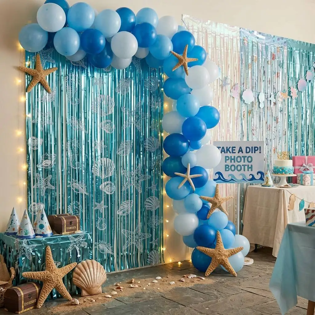 Under the Sea Party Decorations Ocean Birthday Party Decor Underwater Blue Fringe Curtain Balloons Ocean Themed Party Supplies view 2