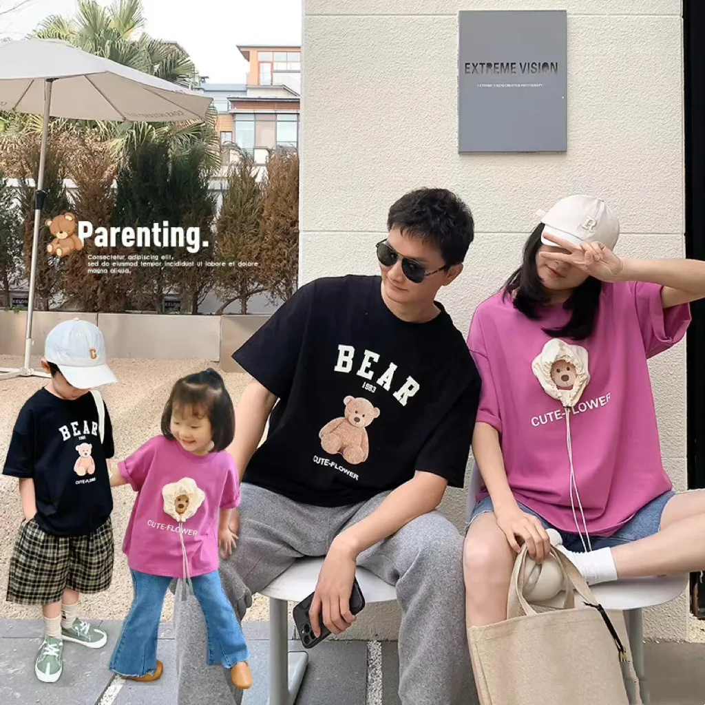 

Father Mother and Son Daughter T-shirts for Whole Family Clothes Parent-child Cotton Short Sleeve Tees Baby Cute Bear Clothing
