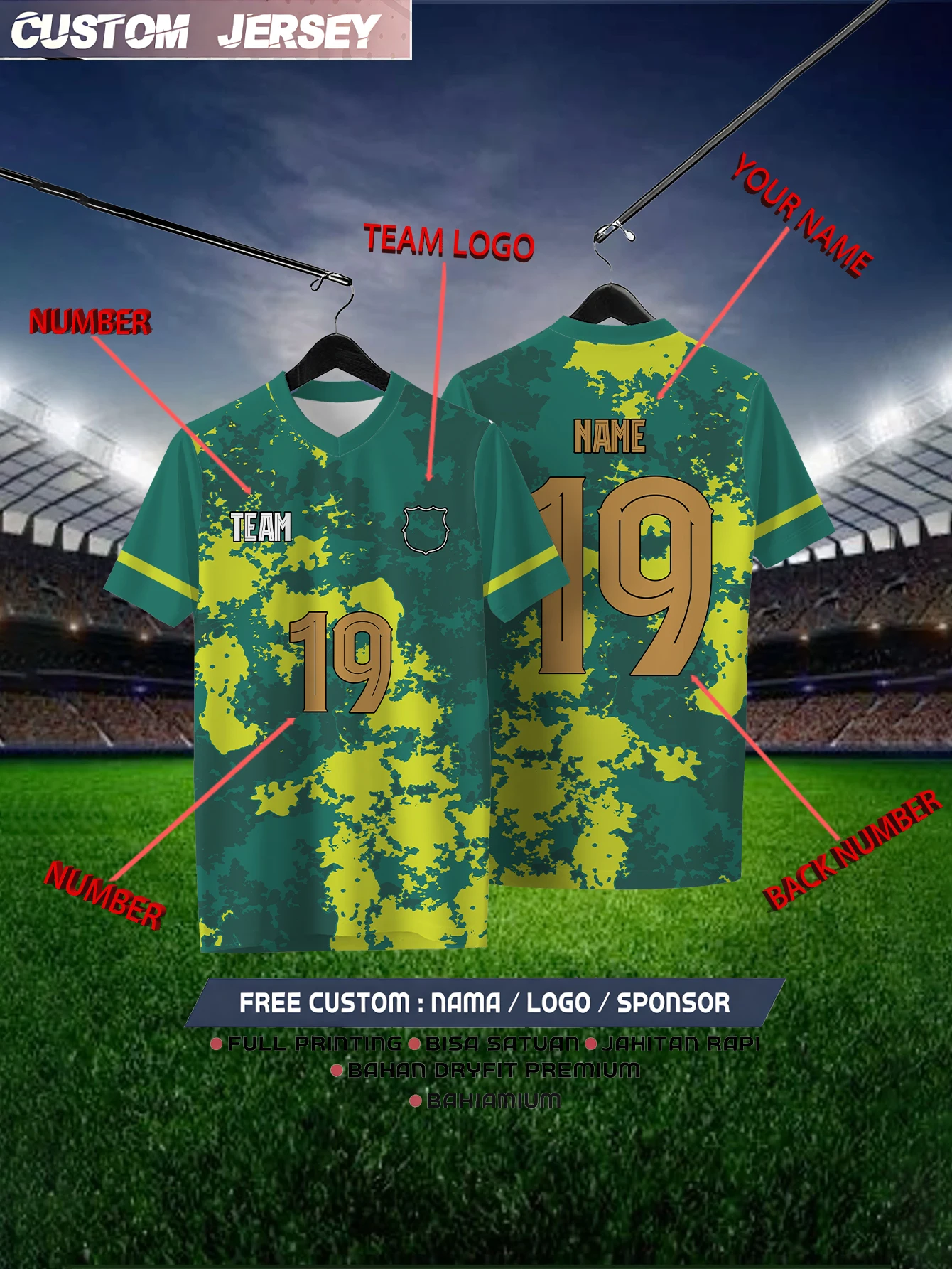 

Customized Geometric Green Short Sleeved Shirt with Team Name, Emblem, Name and Number, Outdoor Sports Short Sleeved T-shirt