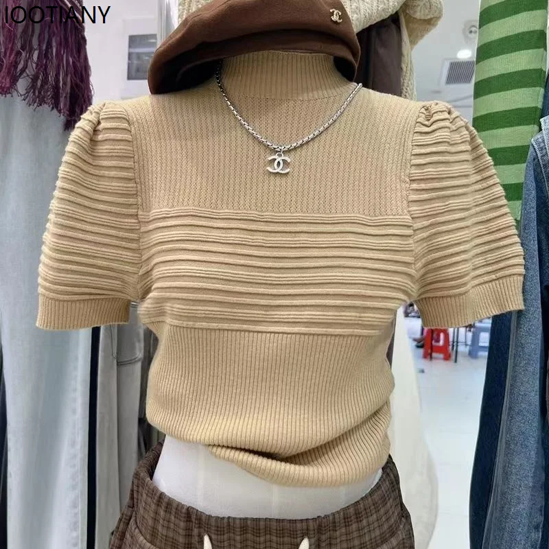 Frauen Herbst High-neck Gestrickte Slim Fit Pullover Topthin Kurze Puff Sleeve Einfarbig Winter frauen Pullover Pullover t-shirt