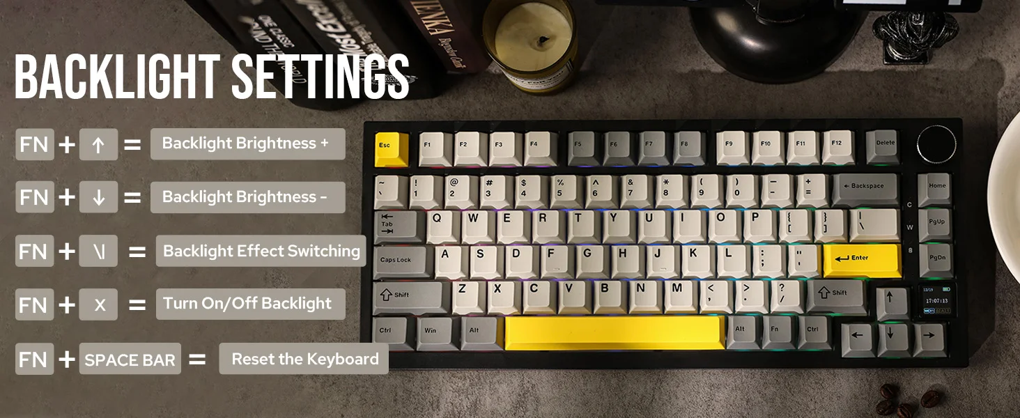 Ajazz AK820 Pro 75 % an der Dichtung montierte Bluetooth 5.1/2.4G kabellose/kabelgebundene mechanische Tastatur mit TFT-Bildschirm für Mac/Win – Detail 7