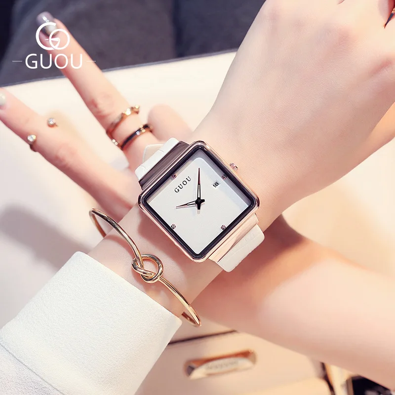 Fashion Guou Top Brand Ultra Thin Ladies Luxury Advanced Gift Square Water Resistant Calendar Genuine Leather Wrsist Watches