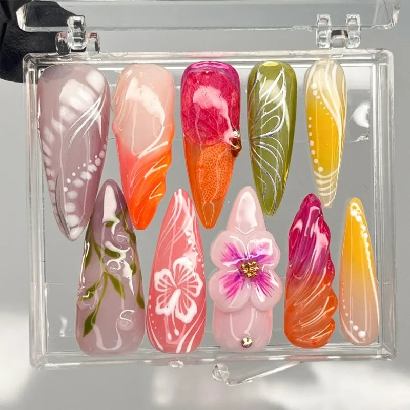 

Dried Flower Handmade Press On Nails 3D Gel Flowers y2k Hand Painted Hibiscus Peony Presson Long Stiletto Acrylic Fake Nail Tips