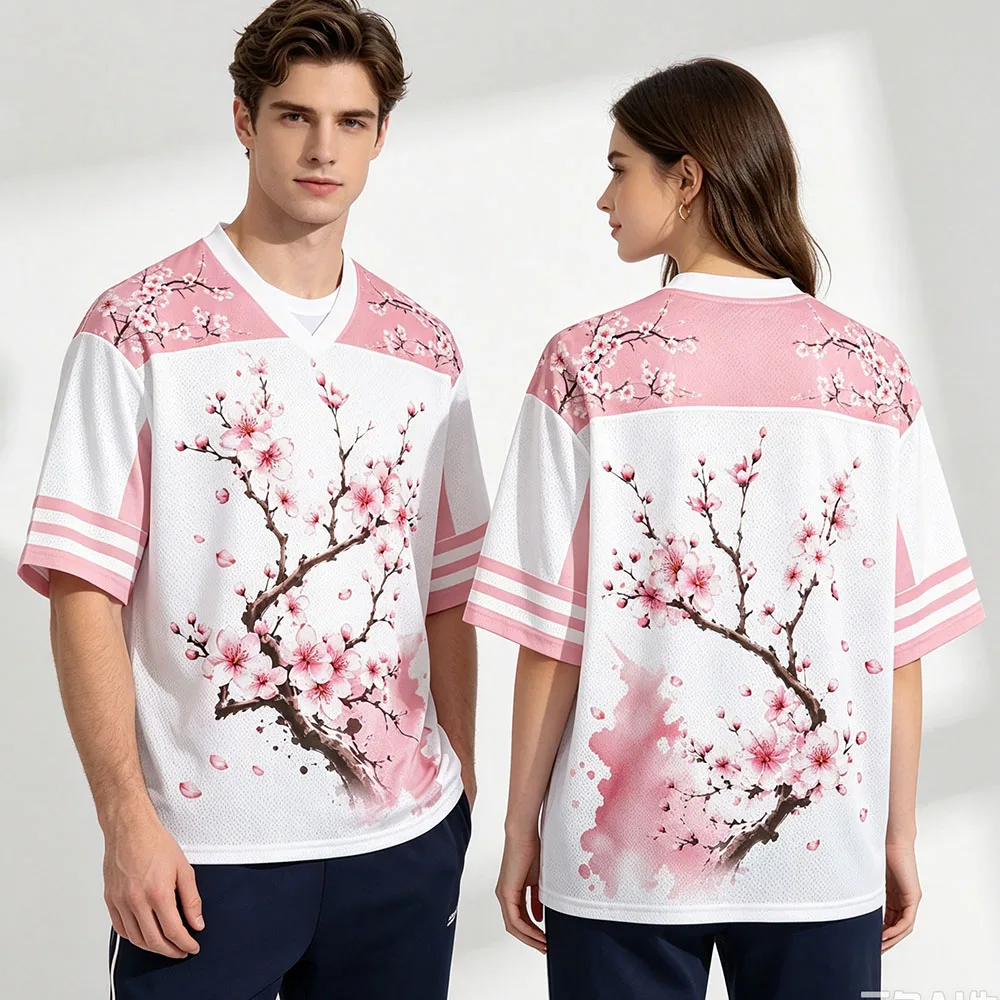 Cherry Blossom Jersey Shirt Japanese Sakura Floral Graphic Tees Pink Aesthetic Y2K Sports Unisex Streetwear Loose Men Women Tops