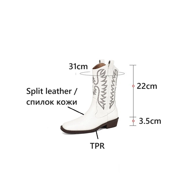 NOWOŚĆ Jesienne buty damskie Square Toe Chunky Heel Shoes Split Leather Shoes for Women Slip-on Short Boots Embroider Western Boots