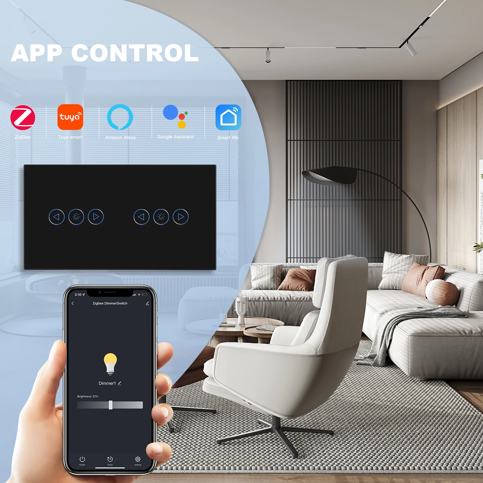 BSEED Zigbee Smart Dimmer Switch doppio LED dimmerabile Touch Switch pannello in vetro retroilluminato blu Google Tuya Smart Life Control