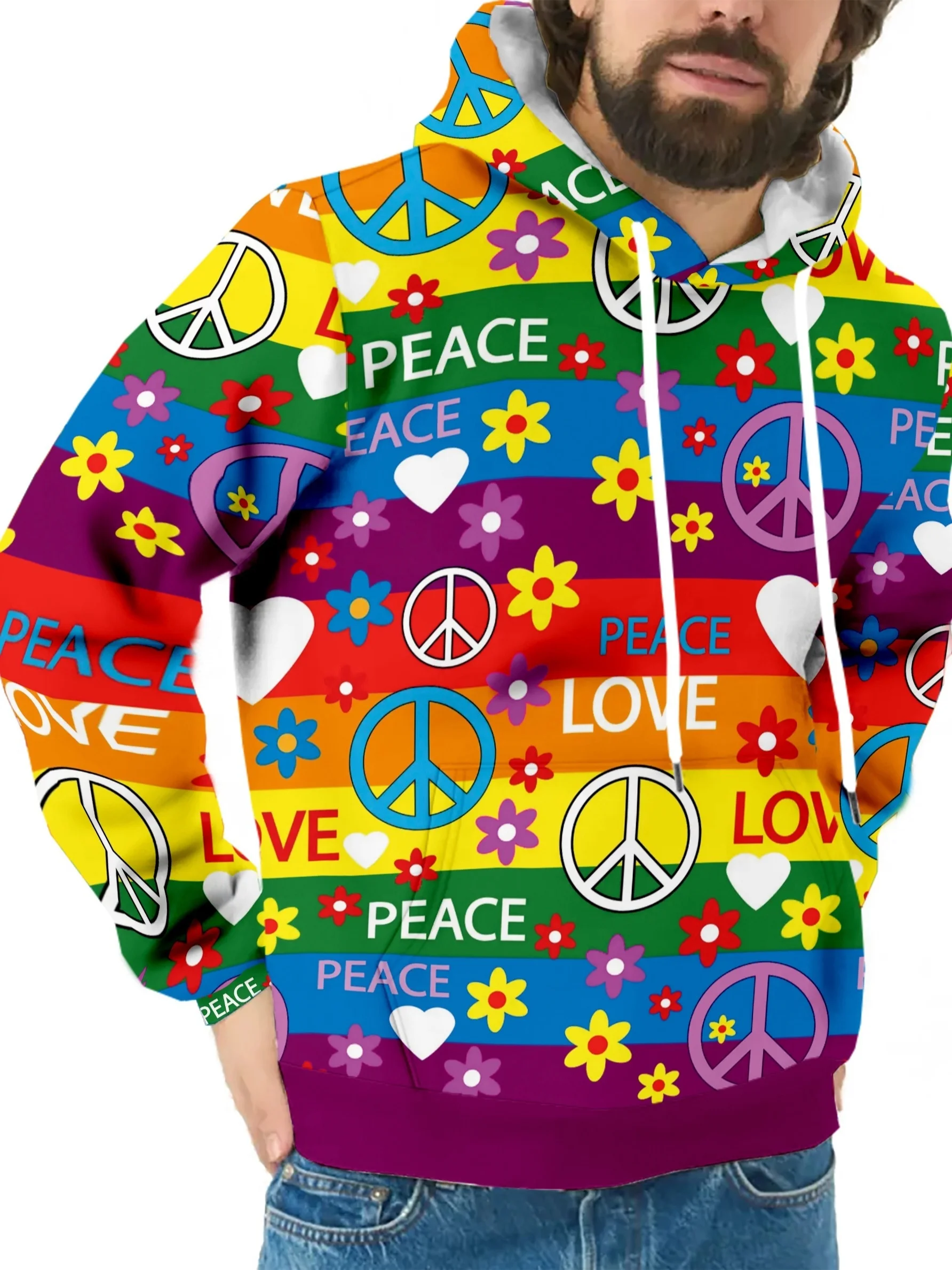 Sudadera con Capucha Unisex con Estampado Floral Hippie de Arcoíris Paz y Amor, Sudadera Informal con Capucha, Estilo Hip Hop, Ropa Deportiva Urbana