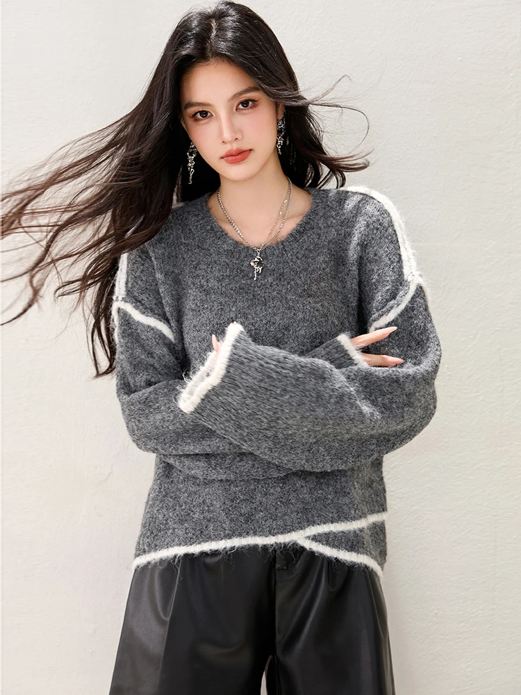 Mulheres camisola arco-íris outono inverno cor-bloqueio curso fungo pulôver de malha o-pescoço botão manga longa topo feminino sw016