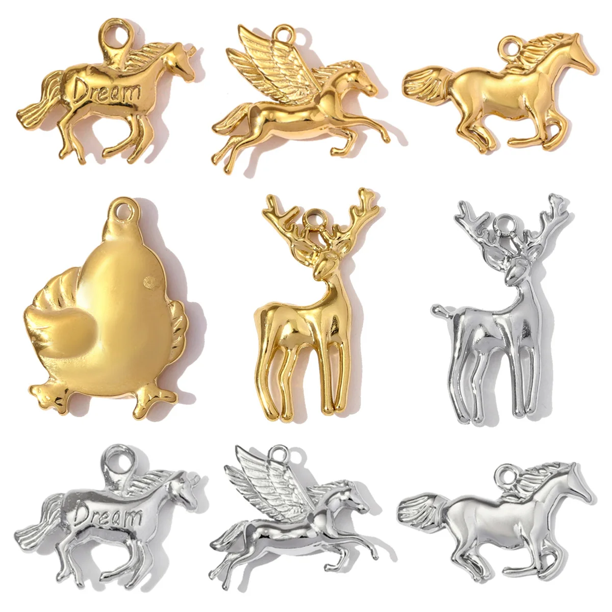 3 Stück/Set Niedliche Edelstahl-Halskettenanhänger mit Henne, Traum-Pferd und Einhorn, DIY-Charms für Frauen, Weihnachts-Milu-Hirsch-Schmuck im Großhandel