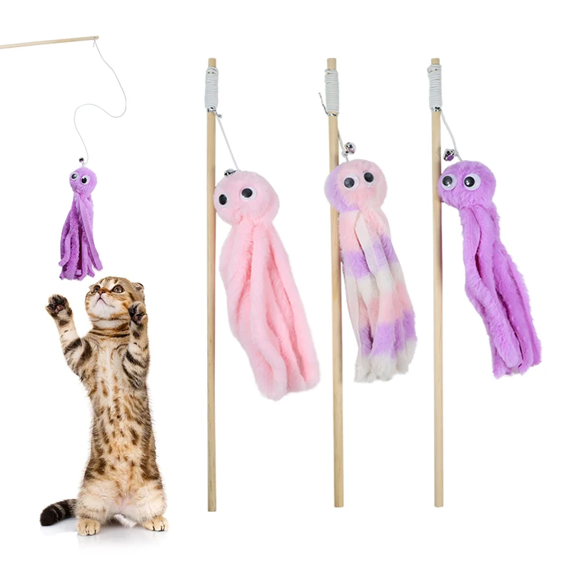 Pet cat toy cat-teasing stick Plush octopus shaped wooden cat-teasing stick with bell