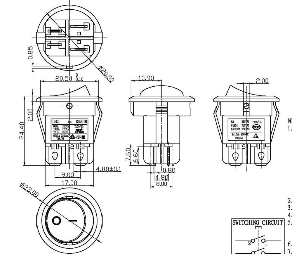 LECI RS601 Green Light 4 Pin ON-OFF Round Snap In Rocker Switches