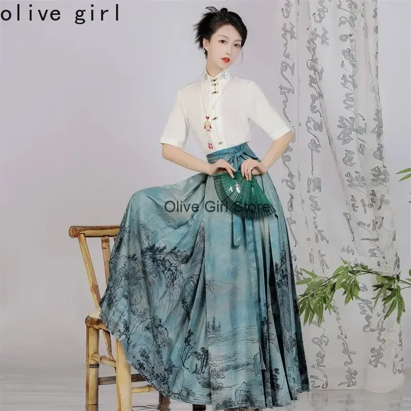 Vliegtuigmouwen Paardengezicht Rokken Chinese Traditionele Jurk Set Hanfu Borduren Bruiloft Dagelijks Ming Stijl Cosplay Kantoor Dame