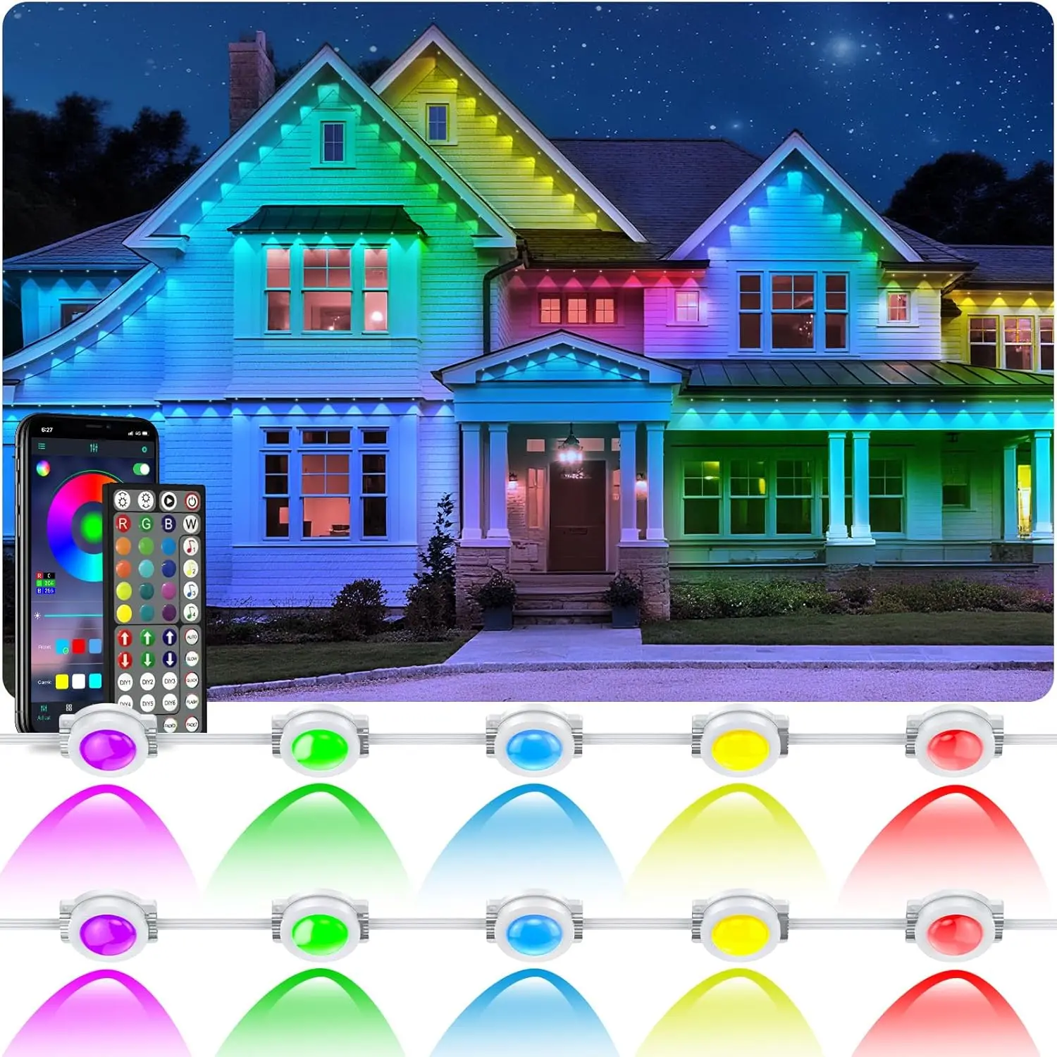 300FT RGB Outdoor Eaves Lights with App Control, IP67 Waterproof, DIY Scene Modes for Garden Decor and Parties
