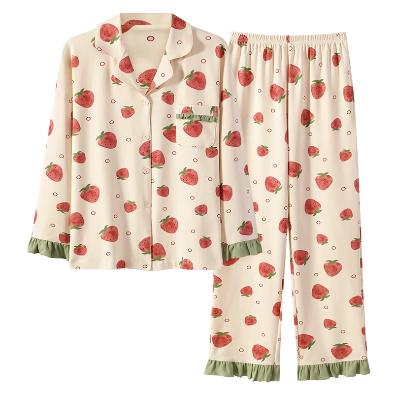 

Новейший весенне-осенний женский пижамный комплект, пижамы из 100% хлопка, женская одежда для сна с отложным воротником и длинными рукавами