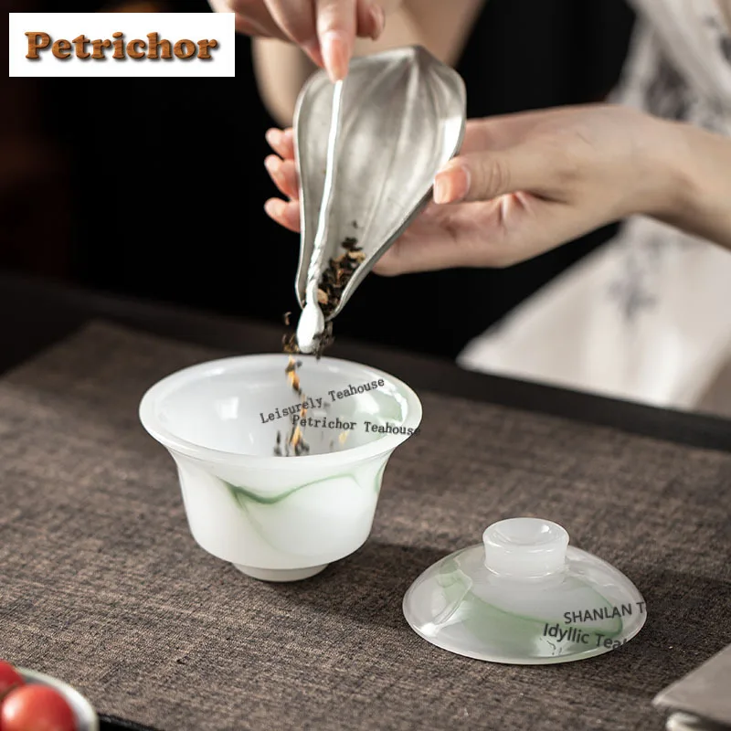 Azure Stone Traditional White Jade Travel Tea Set Kit Aesthetic 1 Pot 2 Cups Tea Making Organizer Portable Camping Handbag Craft