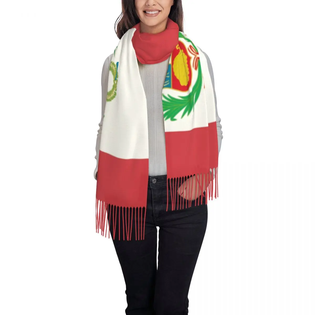 Luxury Flag Of Peru, Peruvian Flag Tassel Scarf Women Winter Warm Shawls Wraps Female Scarves