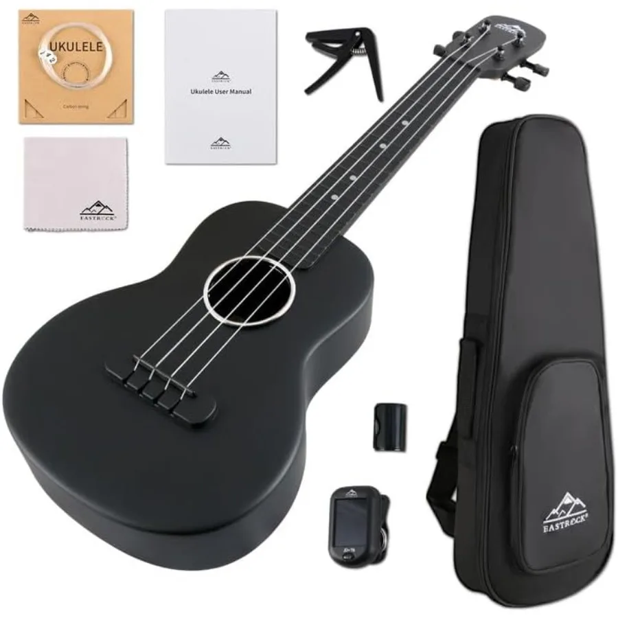 مجموعة القيثارة للحفلات الموسيقية من ألياف الكربون مقاس 23 بوصة للطلاب البالغين المهنية للمبتدئين Uke مع حزام كابو أوتار سوداء