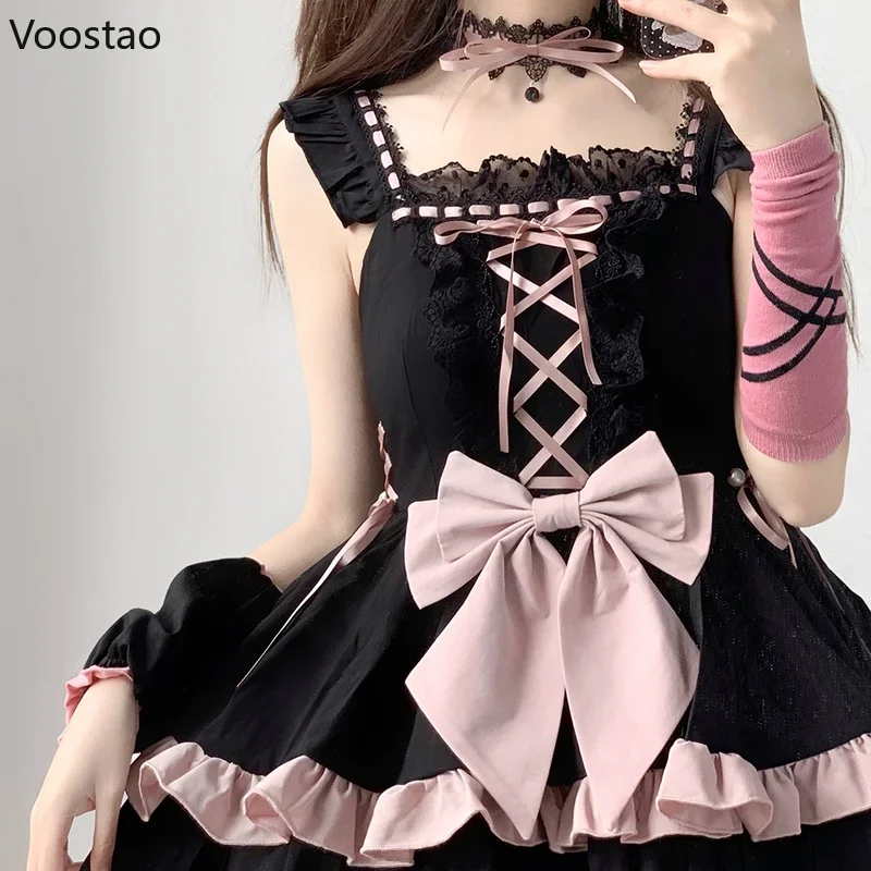 Abito Lolita gotico vittoriano giapponese Ragazza vintage Dolce fiocco con volant Fasciatura Principessa Abiti da festa per le donne Abiti scuri