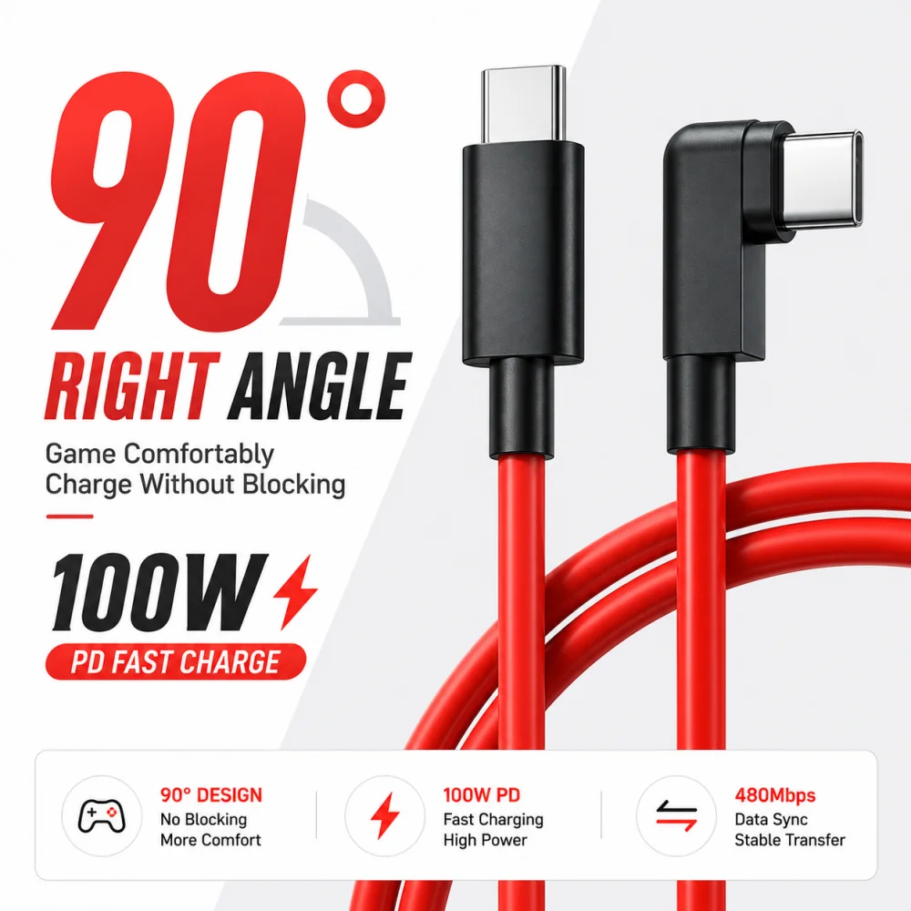 90° Right Angle USB C to USB C Cable, 100W PD Fast Charging Cord for RedMagic, Samsung, iPhone 16/17, Gaming USB C Charger Cable