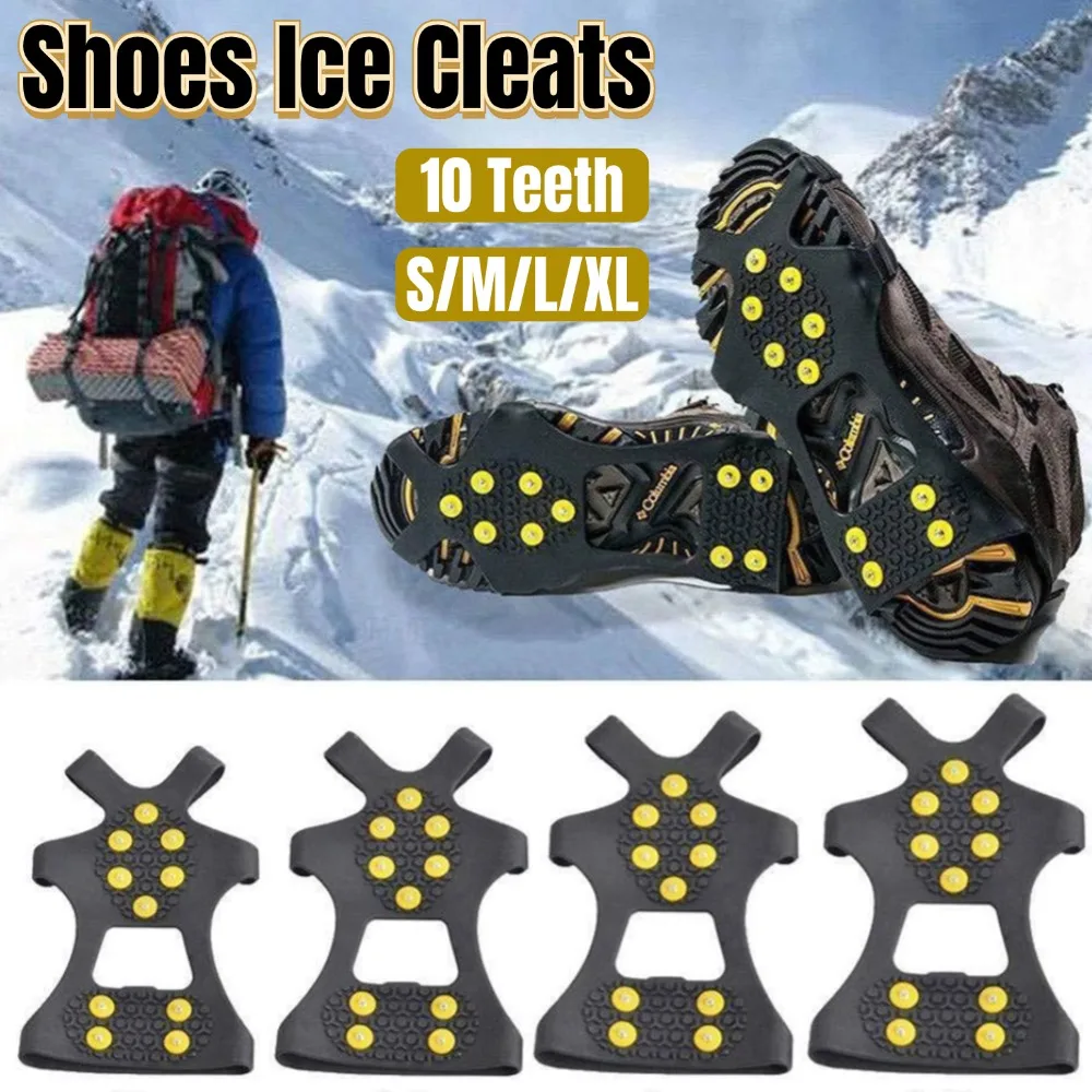 10 Teeth Studs Snow Ice Gripper Anti-Slip Rubber Traction Cleats Climbing Ice Grips Spike Shoes Crampons Walking Hiking Boots