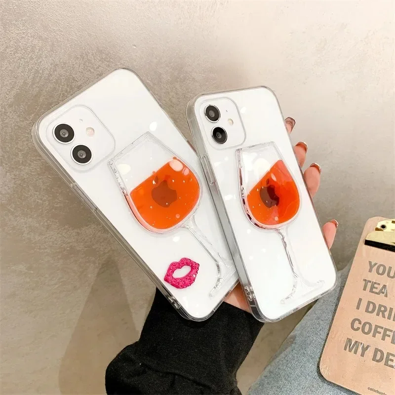 مضحك ثلاثية الأبعاد السائل النبيذ الأحمر الزجاج قضية الهاتف آيفون 15 14 12 11 13 برو ماكس زائد لطيف بريق الشفاه غطاء واضح