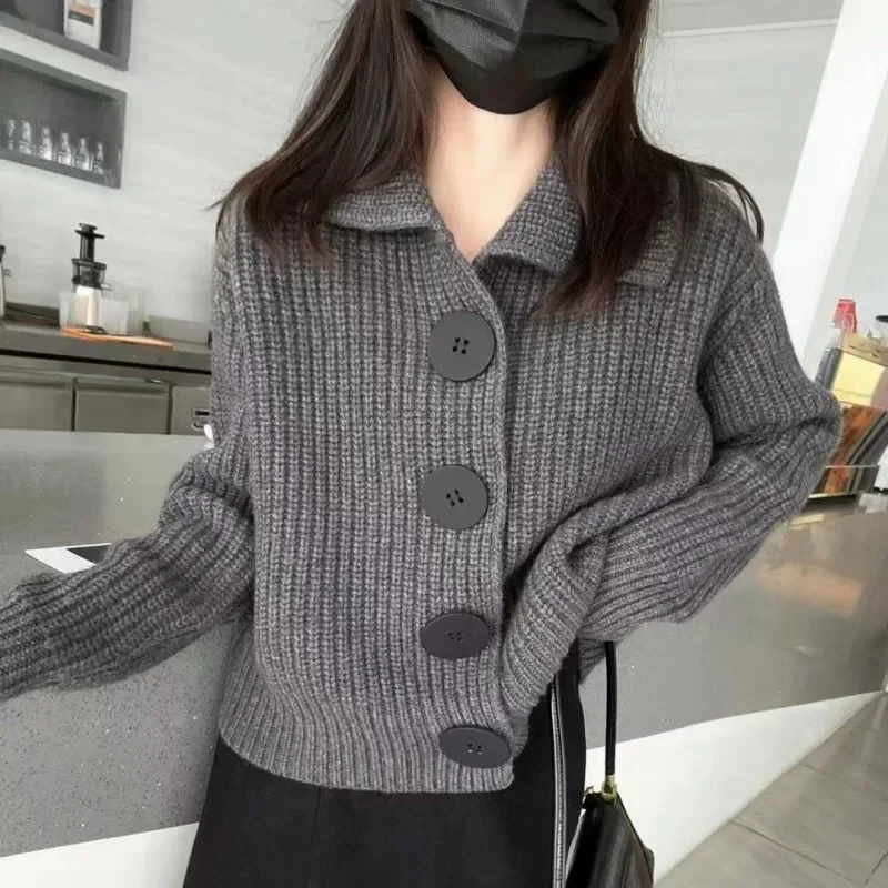 

Large Button Polo Collar Woolen Sweater Ladies' Oversized Long Sleeve V-Neck Cashmere Knitted Cardigan Korean Style Fashionable