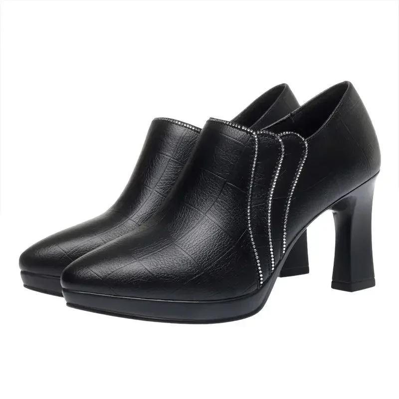 Comfortable 6.5cm  8.5cm Deep Mouth Soft Leather Shoes Women\'s Pumps 2025 Fall Block High Heels Shoes for Office Model Mom