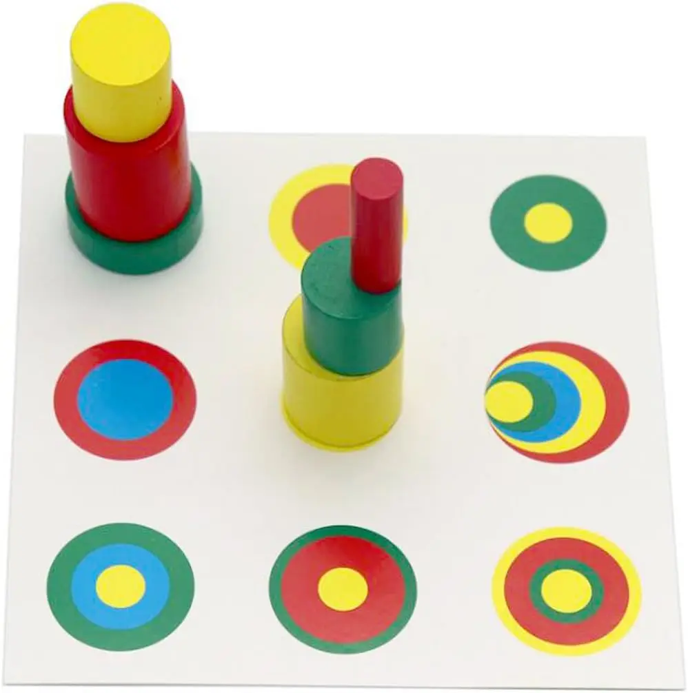 Cylindres colorés Montessori avec cartes de contrôle, blocs en bois sans boutons pour enfants, jouets matériels de reconnaissance de forme et de couleur (Cyl coloré