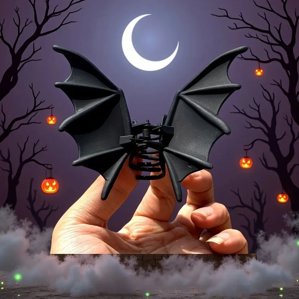 Cute Gothic Halloween Hair Claw Alloy Matte Black Bat Wings Ponytail Holder Cosplay Headdress Shark Clip Gift