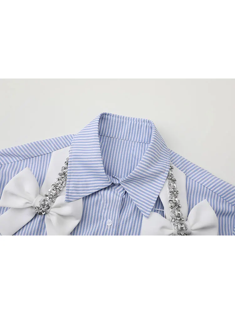 2025 Spring New High-end Women's Blue Vertical Striped Shirt Trendy Tops Shoulder White Bow Bead Diamond Long Sleeve Nice Shirts