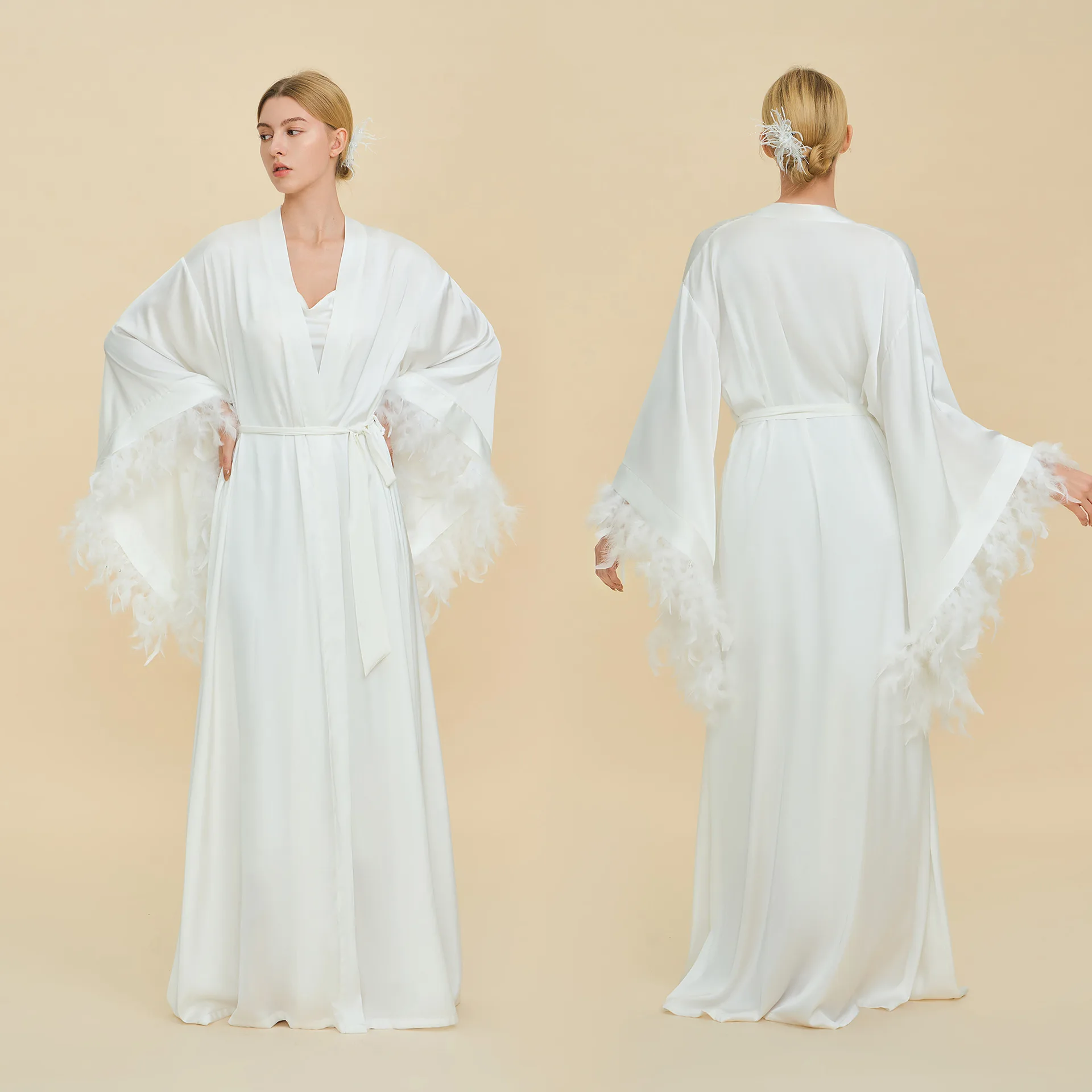 Luxury Feather Big Cuff Extra Long Wedding Robe for Bride Bridesmaid Silky Satin Sexy Bathrobe Nightgown Elegant Sleepwear Homew