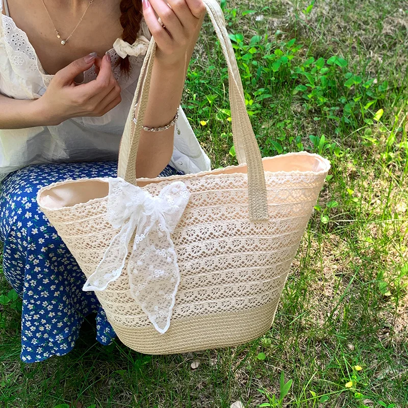 

2025 Lace Straw Beach Bag for Women - Boho Rattan Shoulder Purse, Large Vacation Tote with Crochet Detail, Summer Crossbody Bag