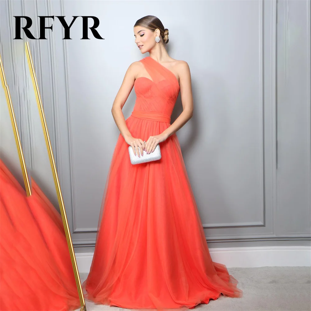 

RFYR Orange One Shoulder Evening Dress Net A Line Charming Prom Dress Plus Size Sleeveless Party Dress Custom vestidos de noche