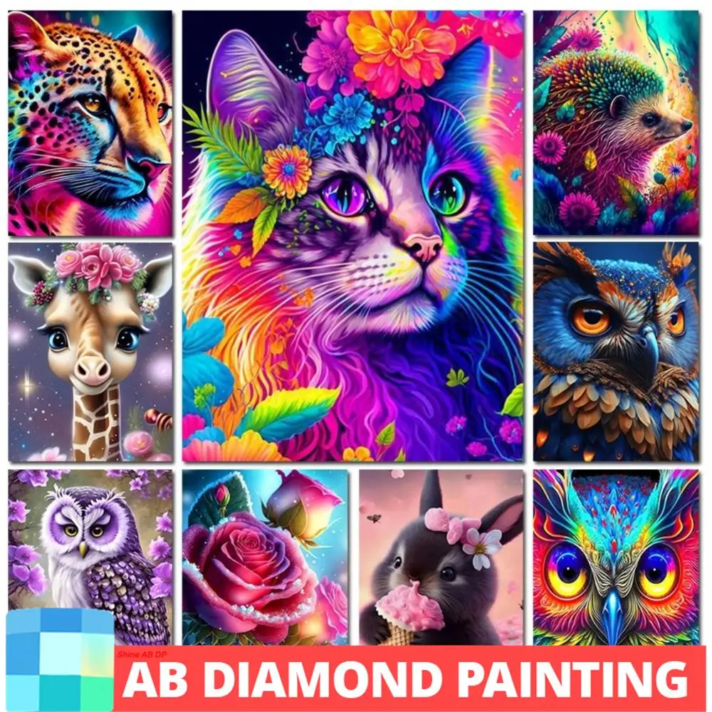다이아몬드 페인팅 다채로운 AB 드릴 동물 기린 고양이 올빼미 표범 5D DIY 모자이크 만화 풀 스퀘어 라운드 꽃 라인석