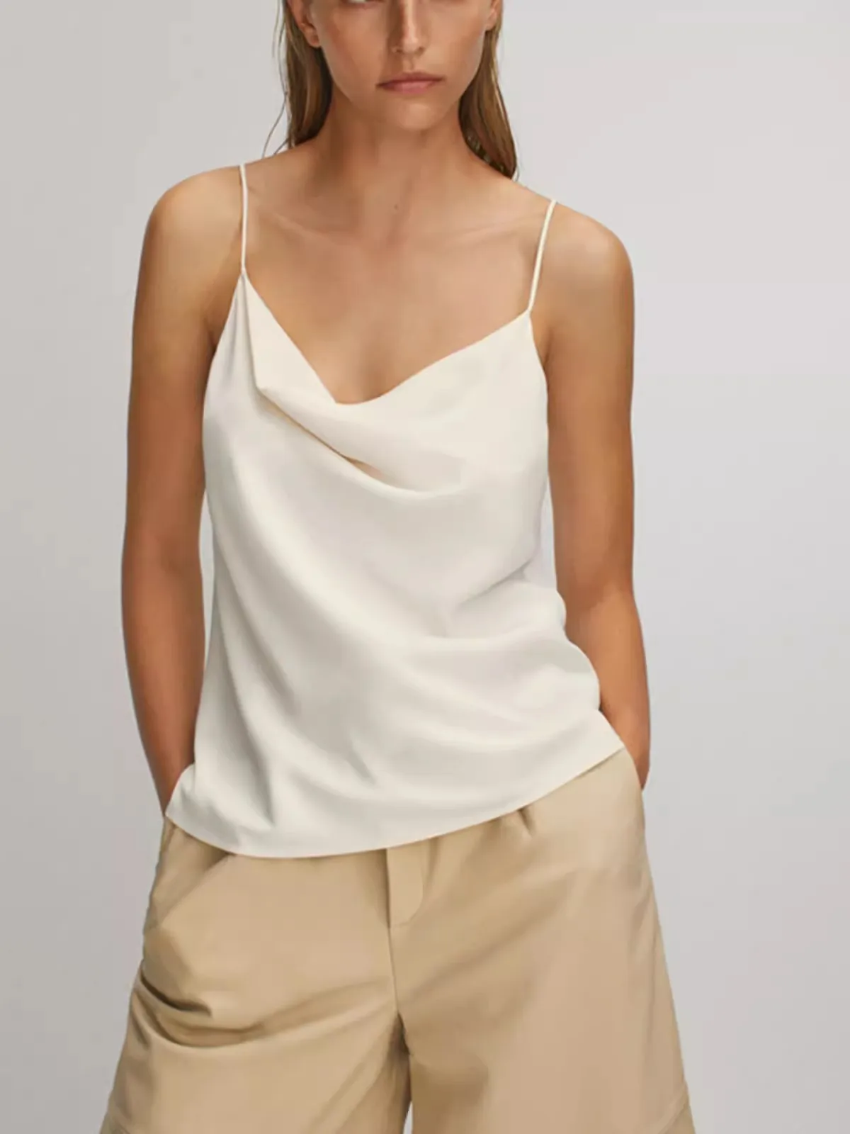 

Minimalist Style Draped Camisole Women's Tank Top Solid Color Glossy Ladies Sleeveless Vest Tops for Spring Summer