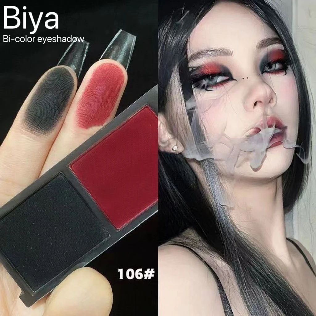 Biya-sombra de ojos portátil, 2 colores, placa roja y negra, sombra de ojos mate, Cosméticos ahumados oscuros, maquillaje para fiesta de Halloween, maquillaje Diy