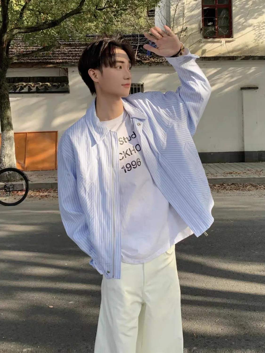 

Retro American Cleanfit Blue Striped ort Jaet Men's Casual Loose ape Long Sve Outerwear Spring Autumn Seasonal Wear