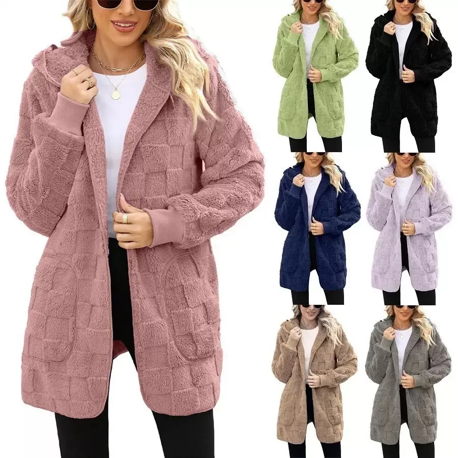 

2026 Autumn Winter Women Hooded Plush Velvet Jacket Cardigan Coats Oversized Up Fuzzy Casual Cardigan Warm Outerwear Lady Jacket
