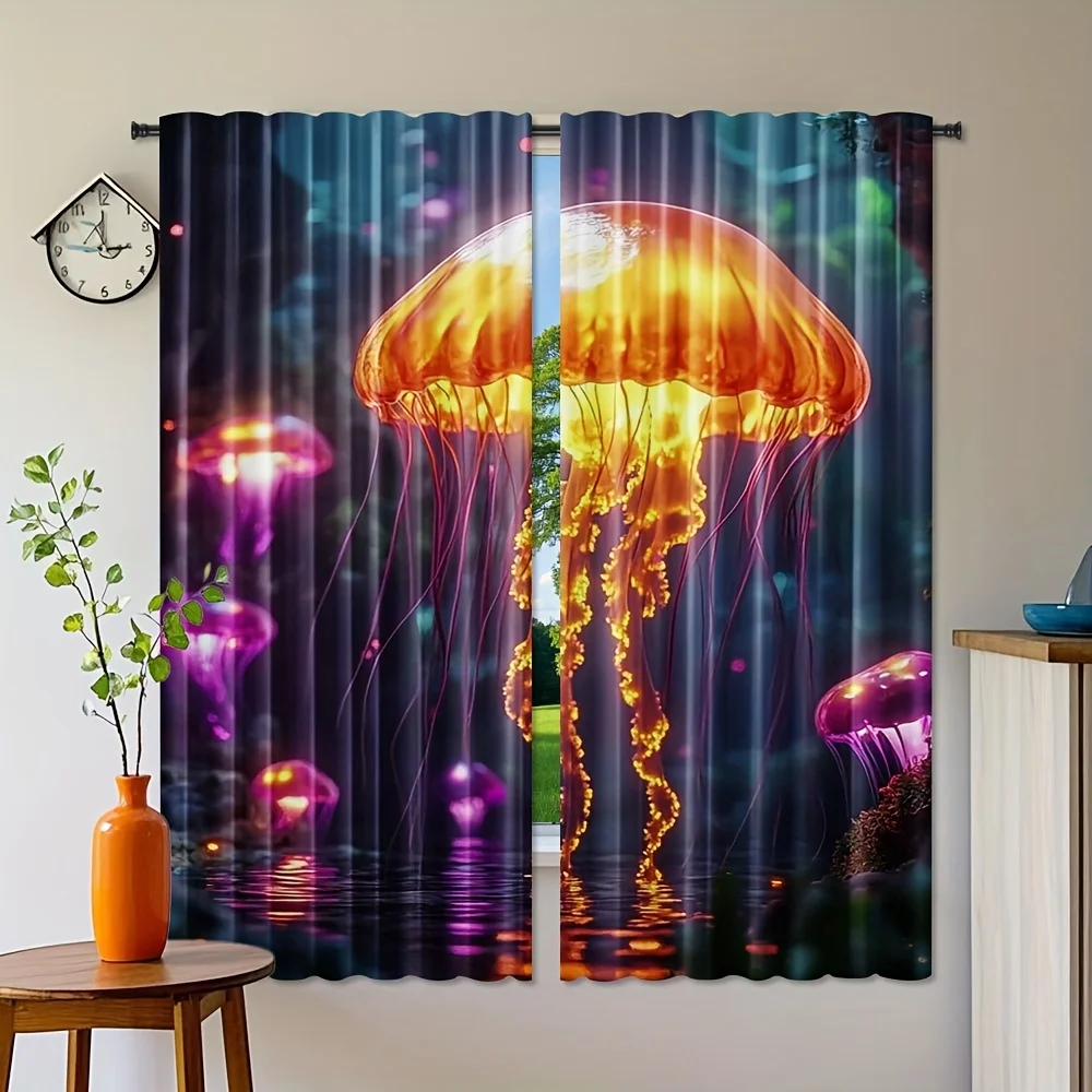 Set of 2, Teal Blue Jellyfish Drapes, Ocean Turtle And Coastal Beach Design, Washable Polyester, Rod Pocket Style for Bedroom An